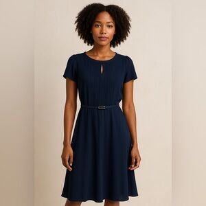 Julio Women’s Size 8 Navy Blue Belted Fit & Flare Dress Short Sleeve Pleated